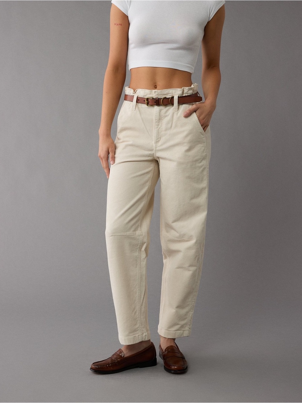 AE Stretch Super High Waisted Paperbag Corduroy Pants - Cream